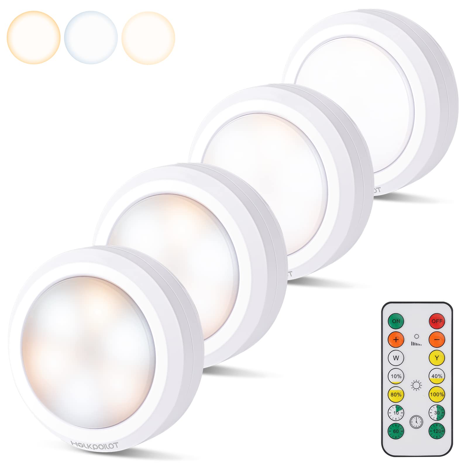 LEDライト 4個セット 電池式 キッチンライト HOLKPOILOT 明るさ調整 昼光色/電球色/温白色に切り替え 切タイマーで自動消灯 リモコン付き 小型 手元ライト 直径9cm 単3電池3本 (別売) 貼り付け照明 取付簡単 省エネ 防災 節電対策 枕元/本棚/ワードローブ照明 モデルHP1001