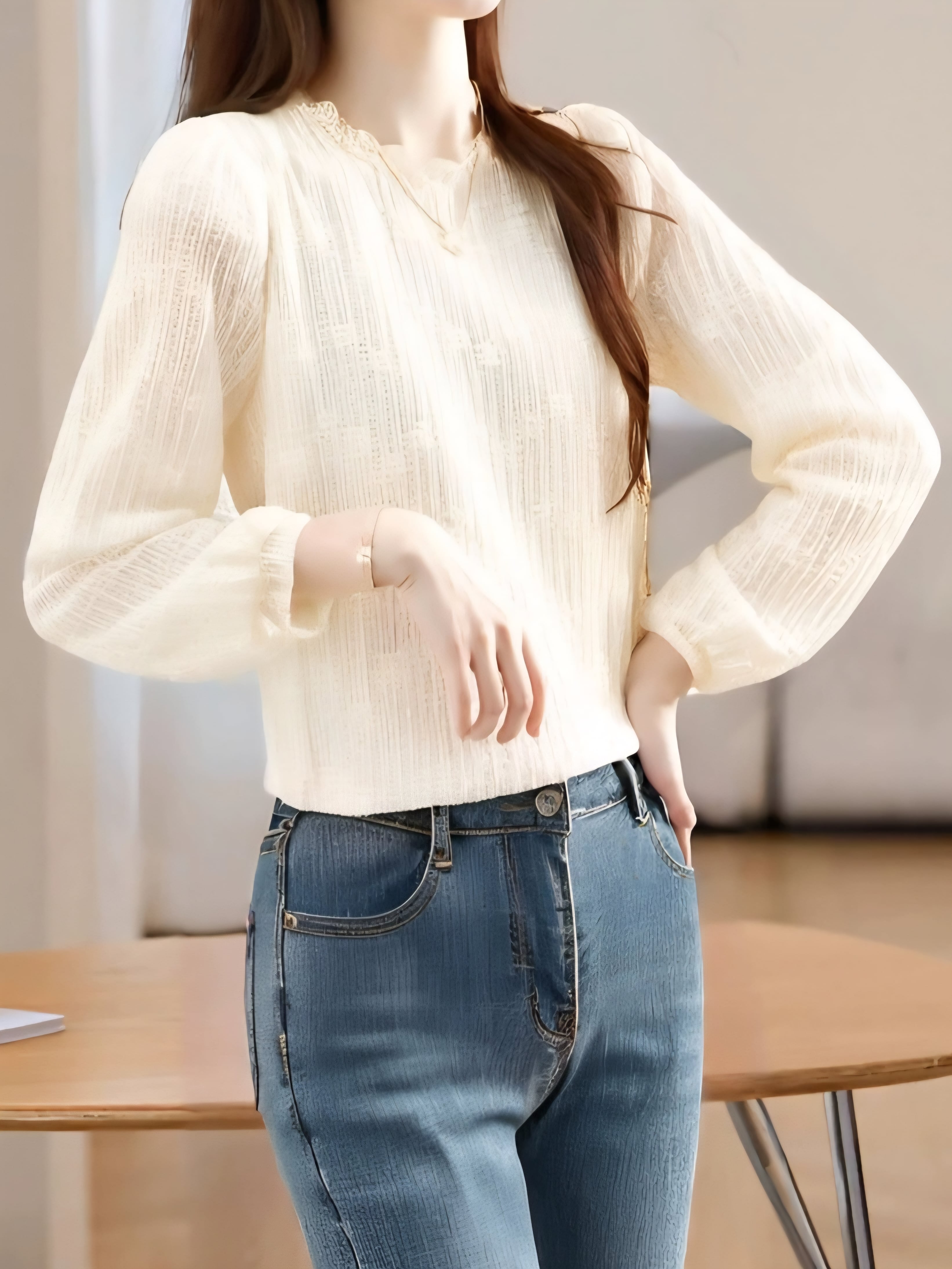 Lace texture long sleeve chiffon blouse L0741