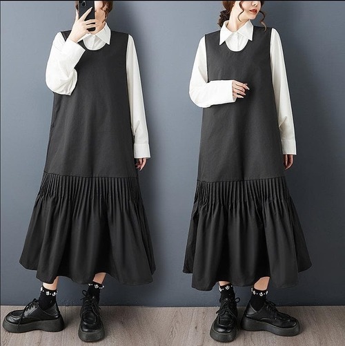 新品 春秋冬 レトロ ロングベスト ワンピース プリーツ 黒 サロペット