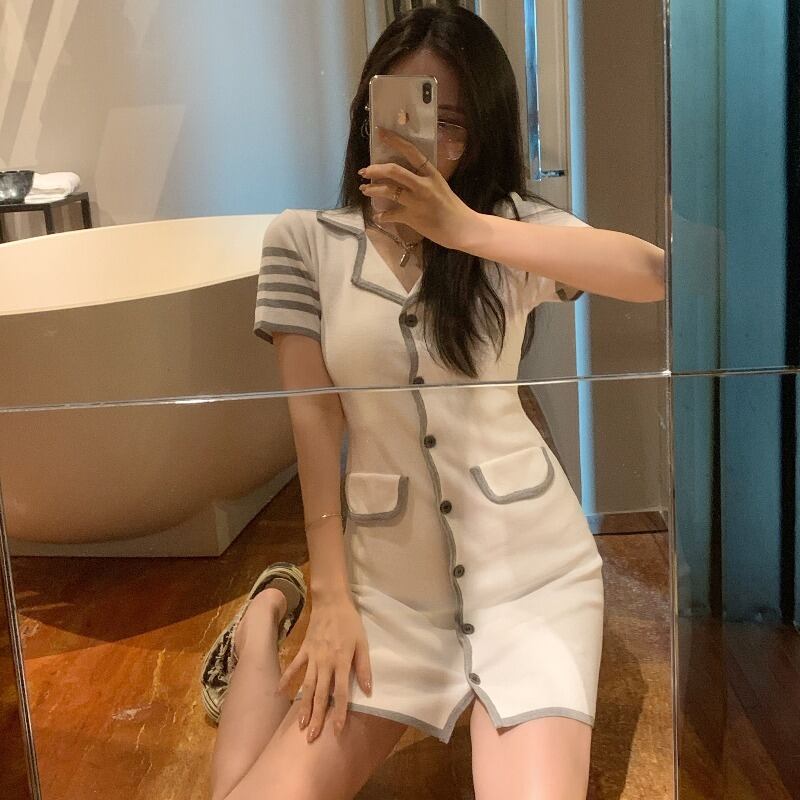 スタンダードストライプスカート ショートニットスリムドレス レディース レトロ ハンチェンe55345419456