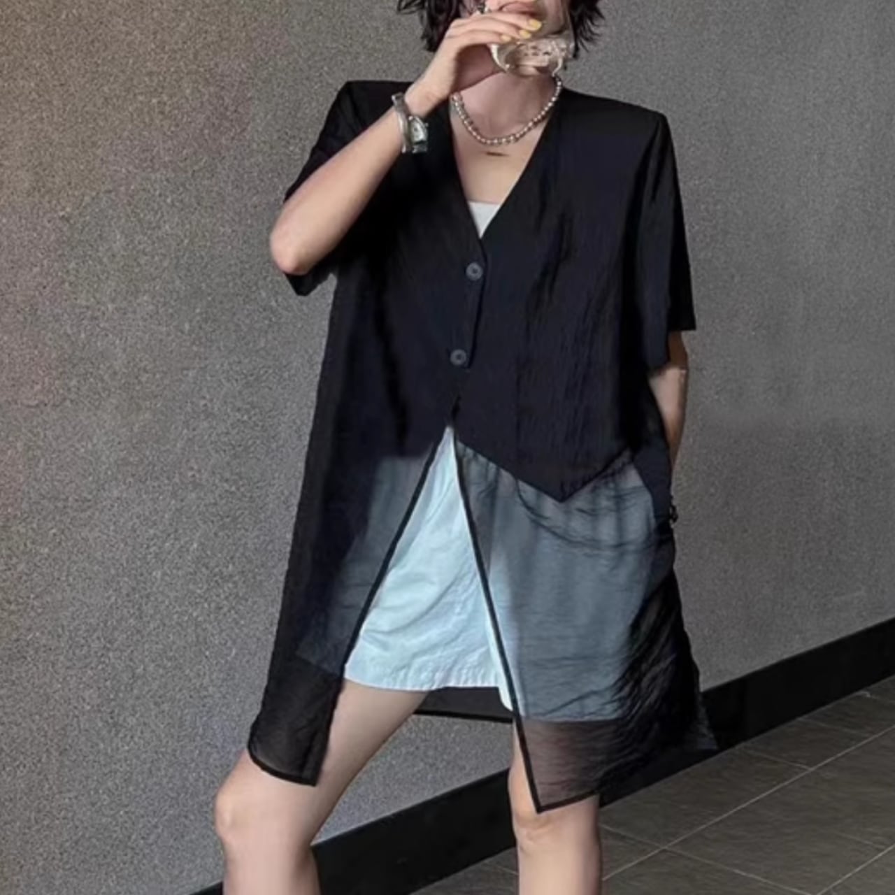 V-neck long sheer shirt in 2 colors S1306