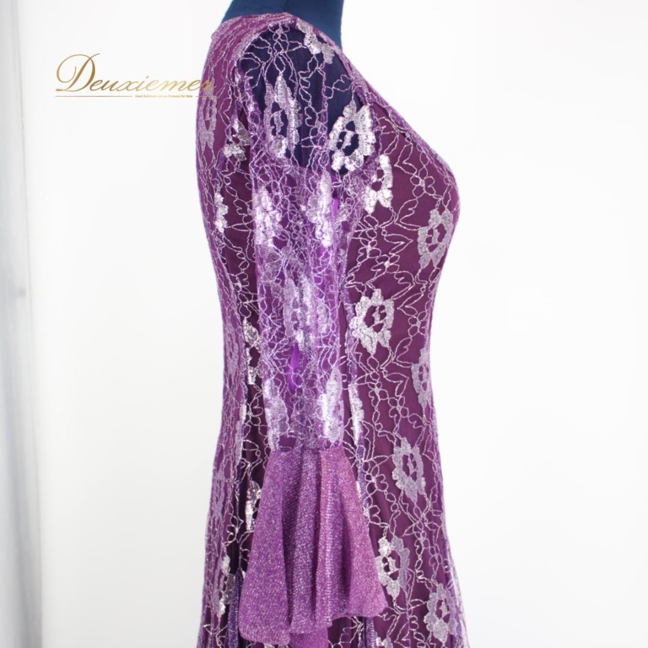 【美品 社交ダンス衣装】ワンピース ドレス prima boutique プリマブティック 紫 パープル レース 銀 シルバー 花柄 豪華 派手
