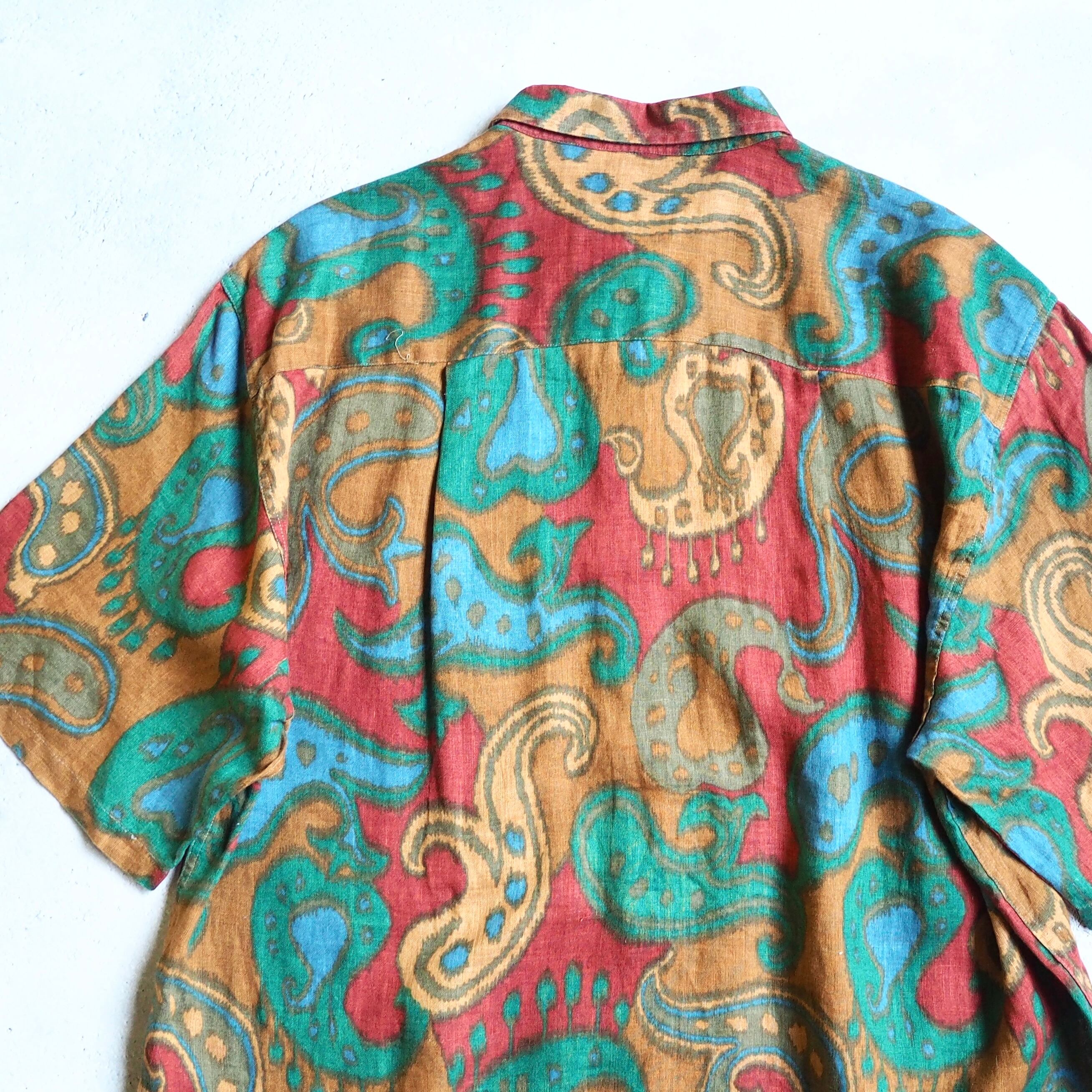 1990s " Made in Italy " Beautiful paisley pattern vintage loose SS linen shirt
