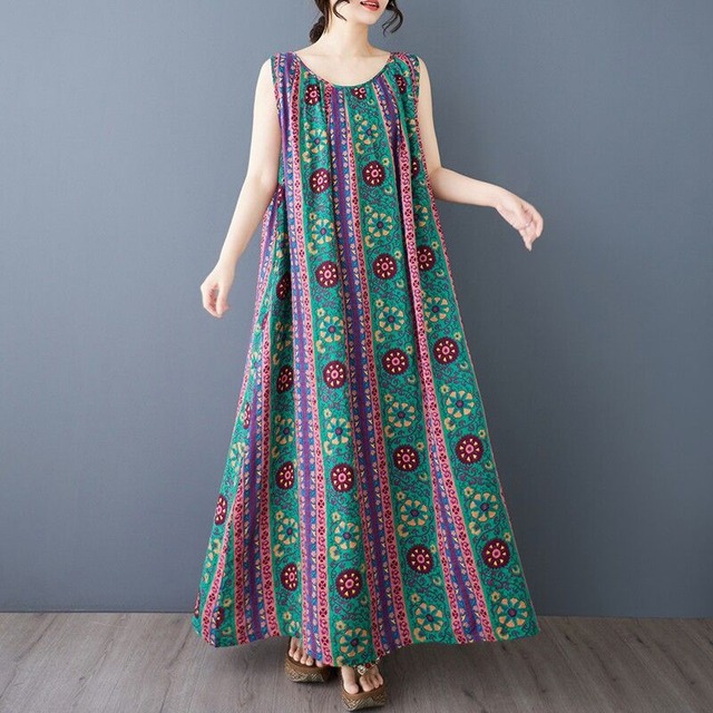 STRIPED ROUND NECK SLEEVELESS PRINT MAXI DRESS M-17382