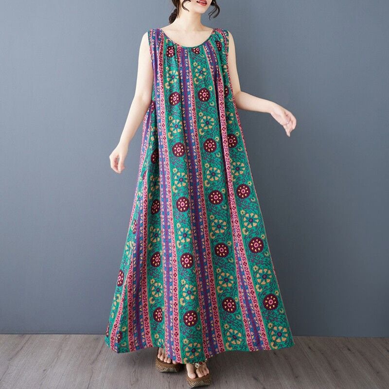 STRIPED ROUND NECK SLEEVELESS PRINT MAXI DRESS M-17382