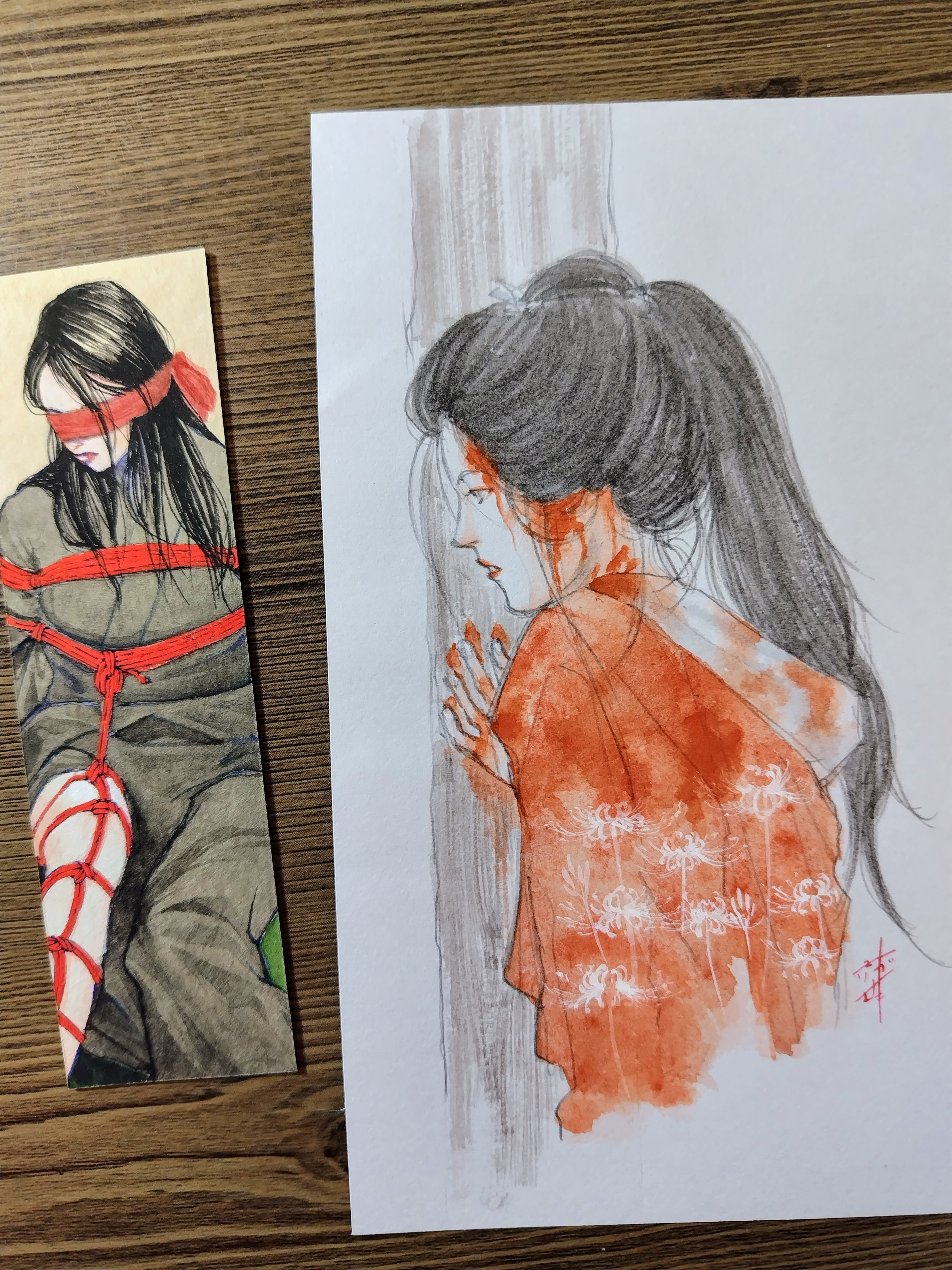 直筆：ドローイング 血濡れの女性／短冊絵 赤い目隠しと縄 ※短冊絵のみ