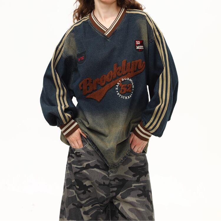 Vネック 長袖 ドロップショルダー スウェットシャツ L00137