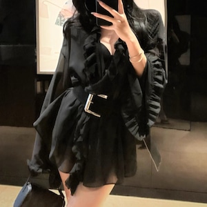 ベルト付きフリルトリムシアーブラウス ・12522 ベルト付きフリルトリムシアーブラウス ・12522