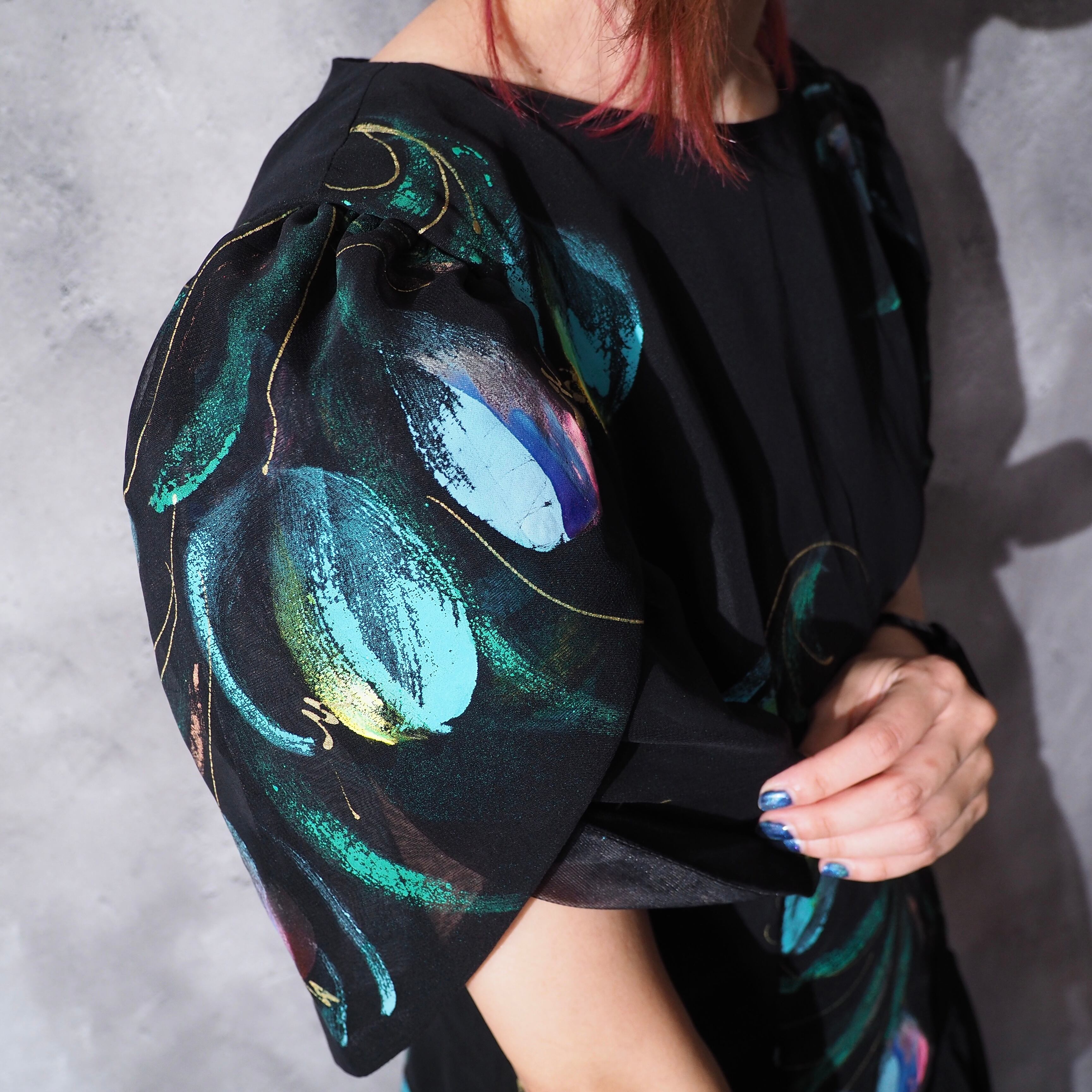 cold flower painted × asymmetry frill vintage onepiece dress