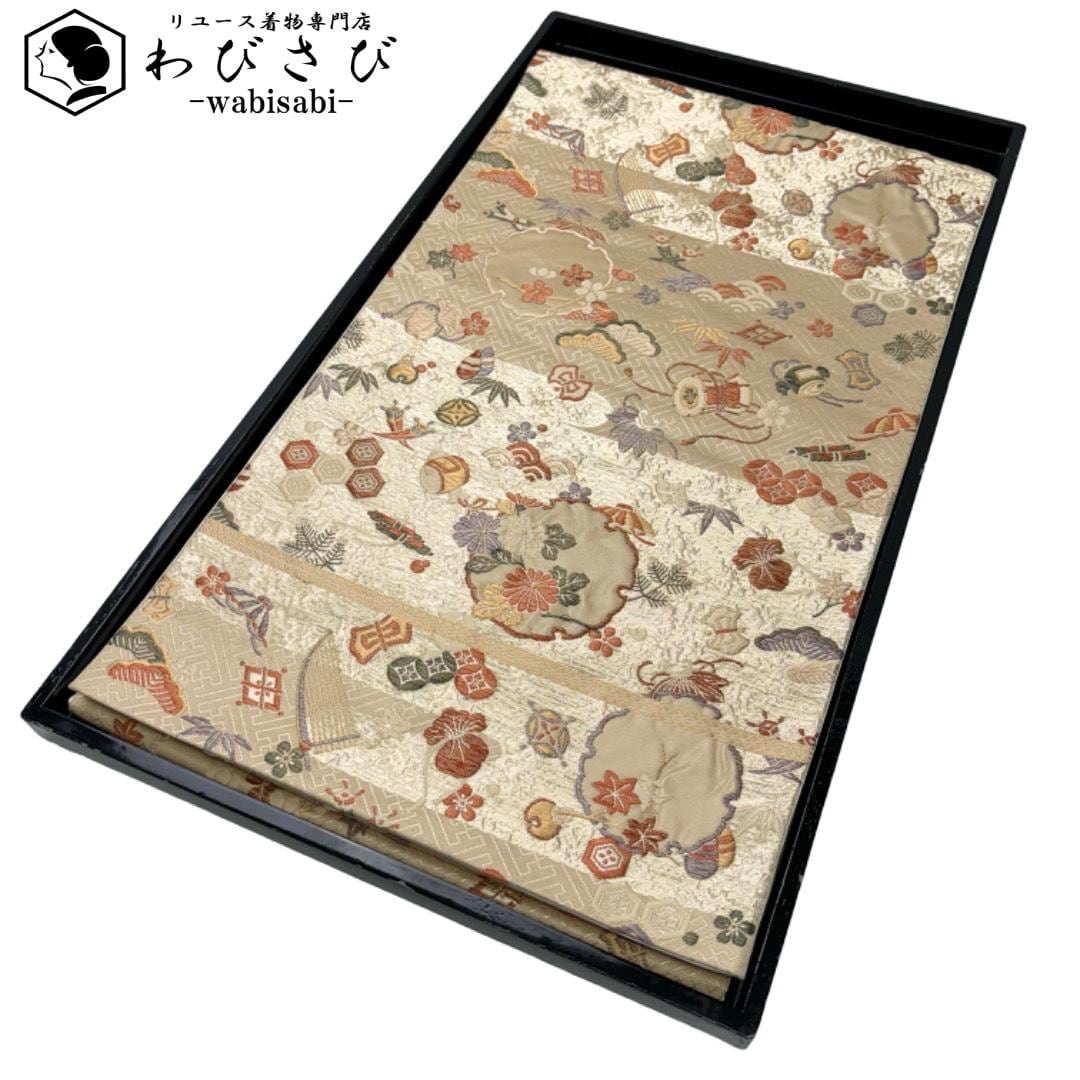 袋帯 雪輪 花模様 宝尽くし 金糸 枯野色 O-6190 着物 きもの kimono