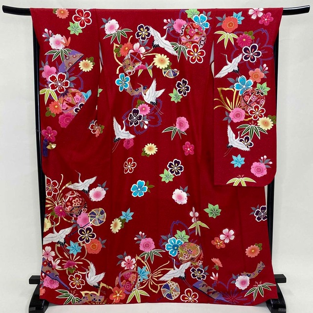 振袖 中古 赤 正絹 古典 裄68cm 身丈172cm 美品 L サイズ 成人式 5069