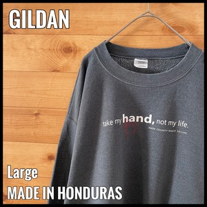 【GILDAN】メッセージ プリント スウェット トレーナー take my hand not my life L グレー US古着