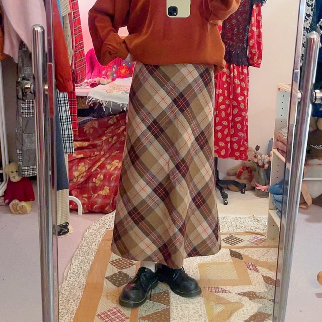 orange check wool long skirt