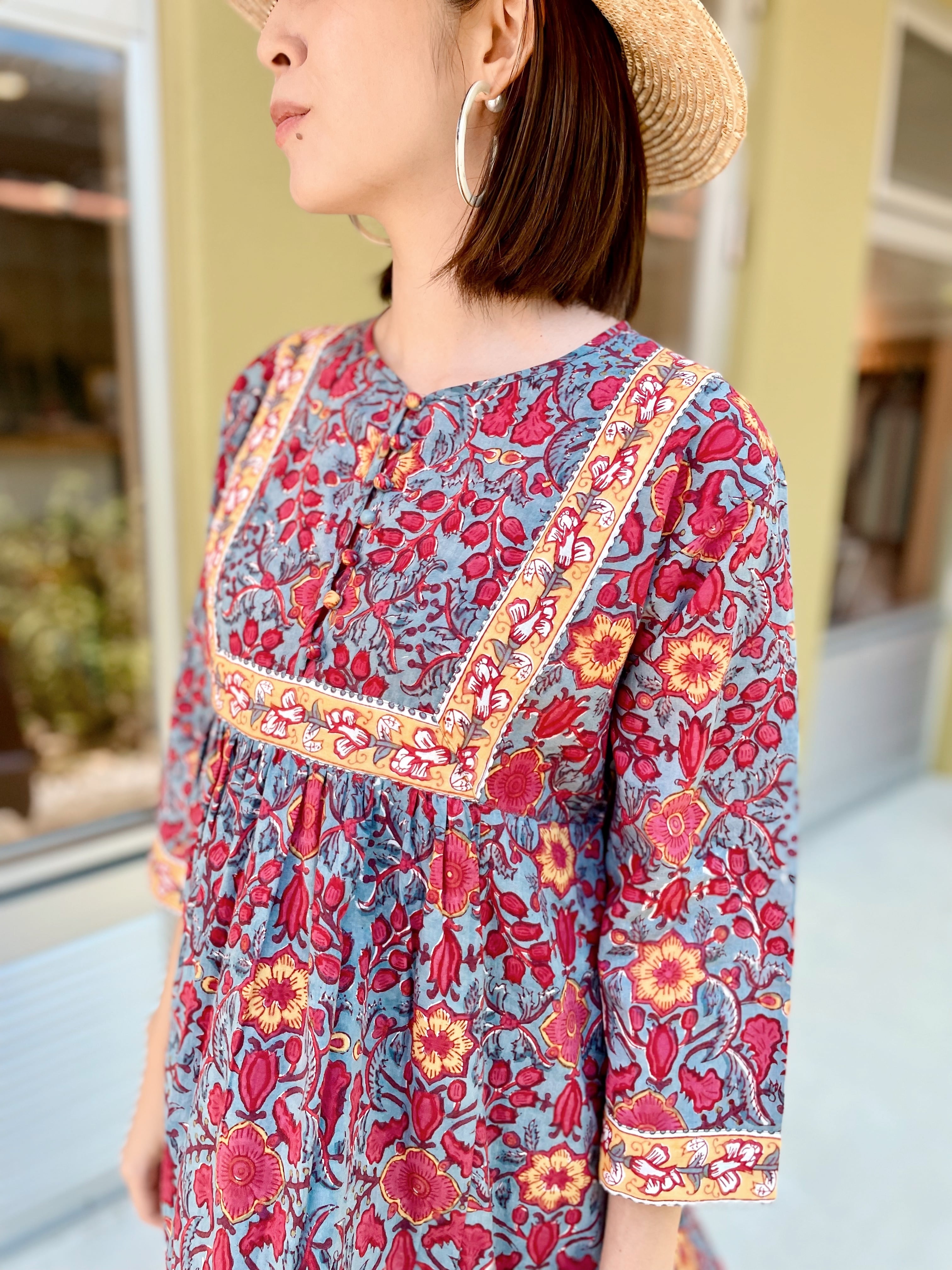 ブロックプリントワンピース / ガーネット | at okinawa