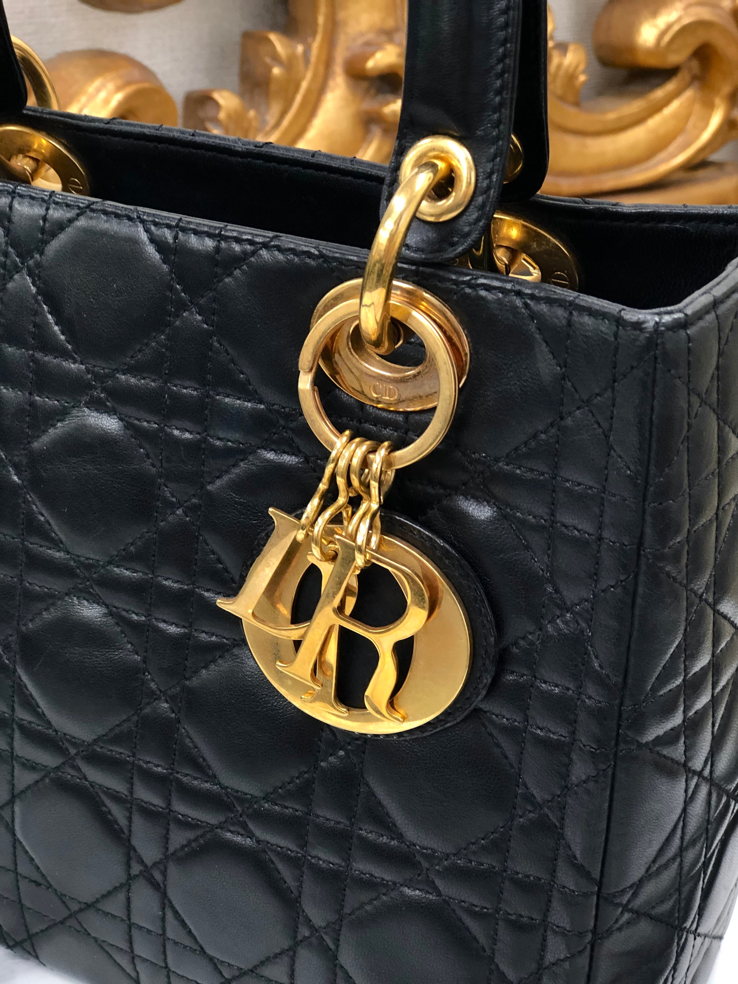 クリスチャンディオール 2WAYバッグ レディディオール カナージュ  ブラック レザー Christian Dior  | ハンドバッグ ショルダーバッグ 肩掛け レディース ファッション 黒 ゴールド金具 女性 鞄 ブランド Bランク