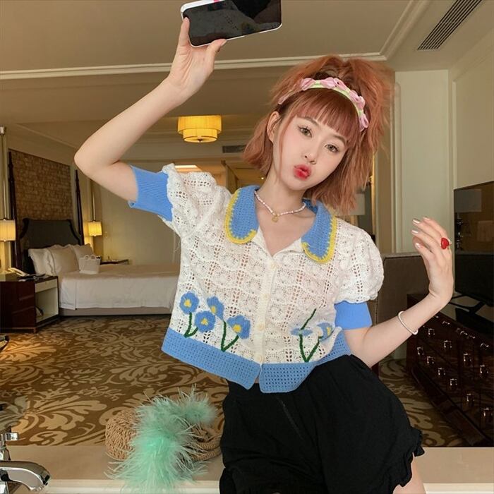 『精三巧制』レースカーディガン(M)ハンドメイド　透け編み　花柄　ラメ入り　羽織