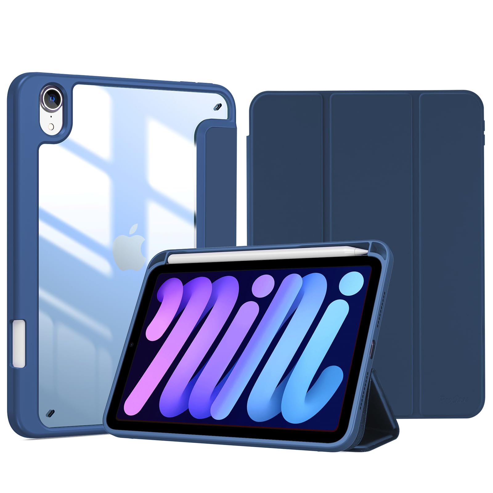 ProCase iPad Mini A17 Pro 第7世代 2024 Mini6 ケース 2021 8.3インチ ペンホルダー オートスリープ/ウェイク機能 耐衝撃 三つ折りスタンド 透明バックカバー 適用機種:iPad Mini A17 Pro 第7世代 2024、iPad Mini 6世代 2021 -ネイビー