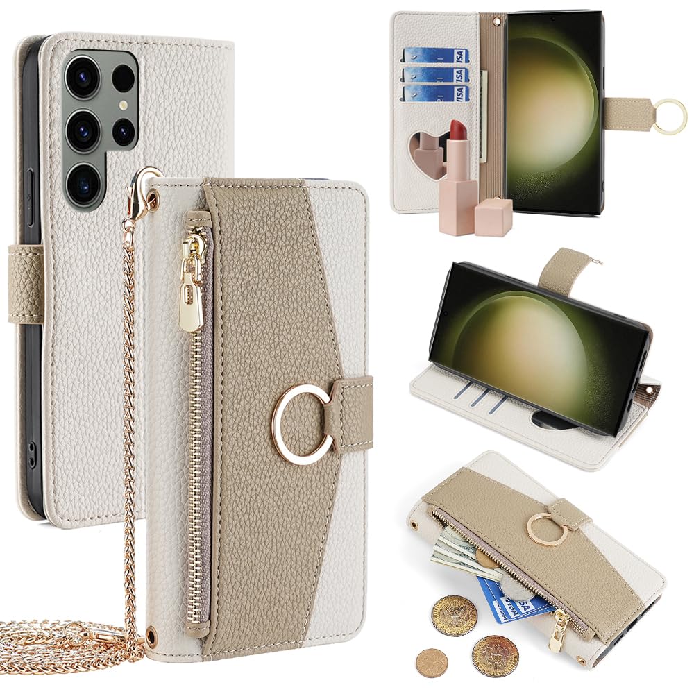 For Galaxy S23 Ultra ケース 手帳型 ショルダー For ギャラクシー S23 ウルトラ SC-52D/SCG20 財布型 カバー 肩掛け 斜めがけ 化粧鏡付き 女性 おしゃれ ロングストラップ ジッパー小銭入れ カード収納 横置き 上質な手触り 耐汚れ気質 肌感レザー 防指紋 耐久性 贈り物 COCOCLOUD ホワイト