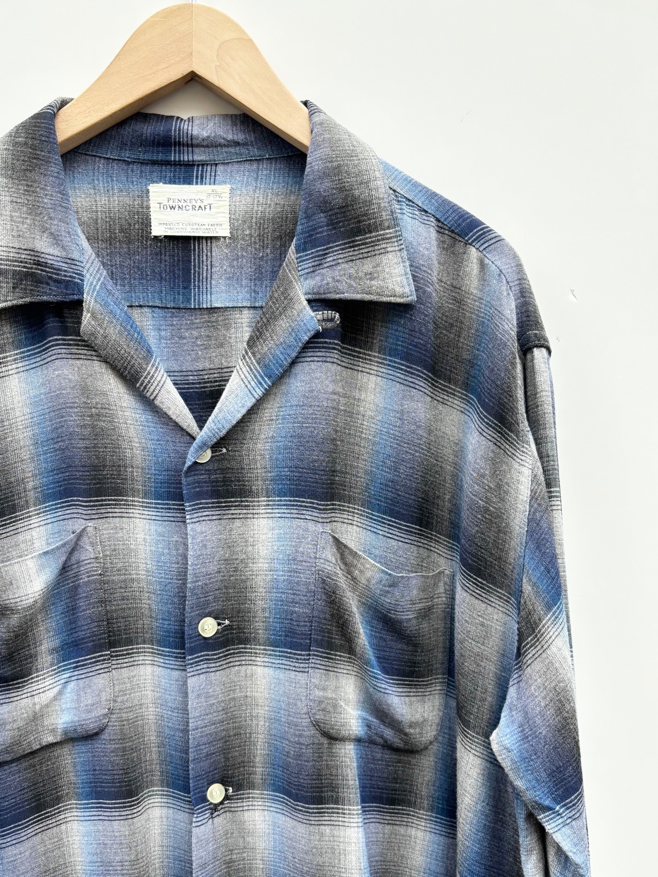 60s TOWN CRAFT "OMBRE CHECK" RAYON OPEN COLLAR SHIRT Size XL