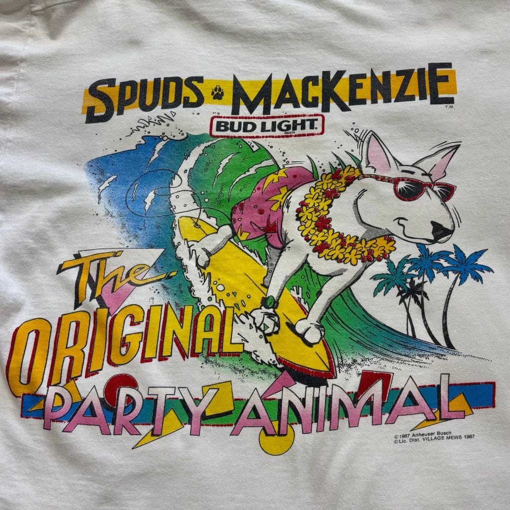 90s USA製 バドライト 両面Tシャツ Spuds MacKenzie Bud Light L 白