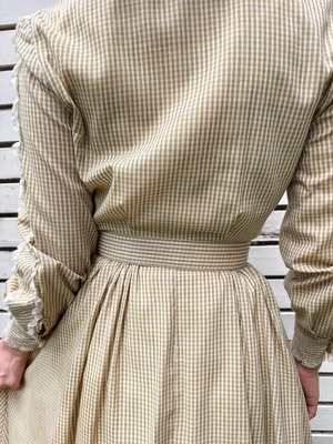 50’s 60’s yellow × gray plaid lace dress with belt