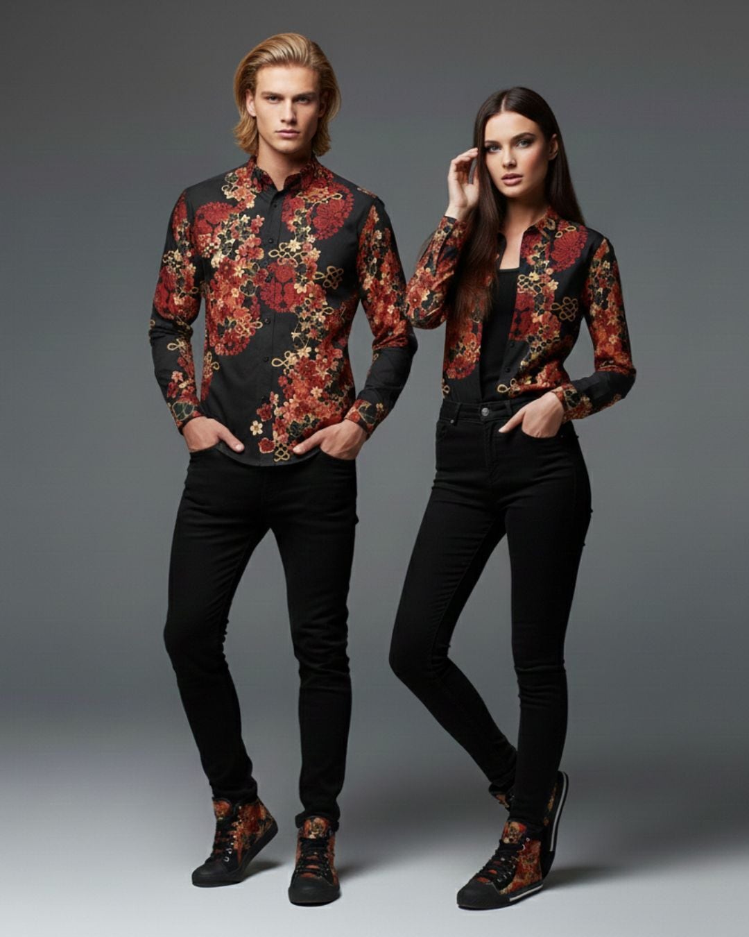 桜蝶紋様　ユニセックスサイズ長袖シャツ　プレミアム