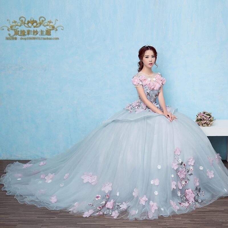 美品！カラードレス 花モチーフ 編み上げ ロングトレーン プリンセス  