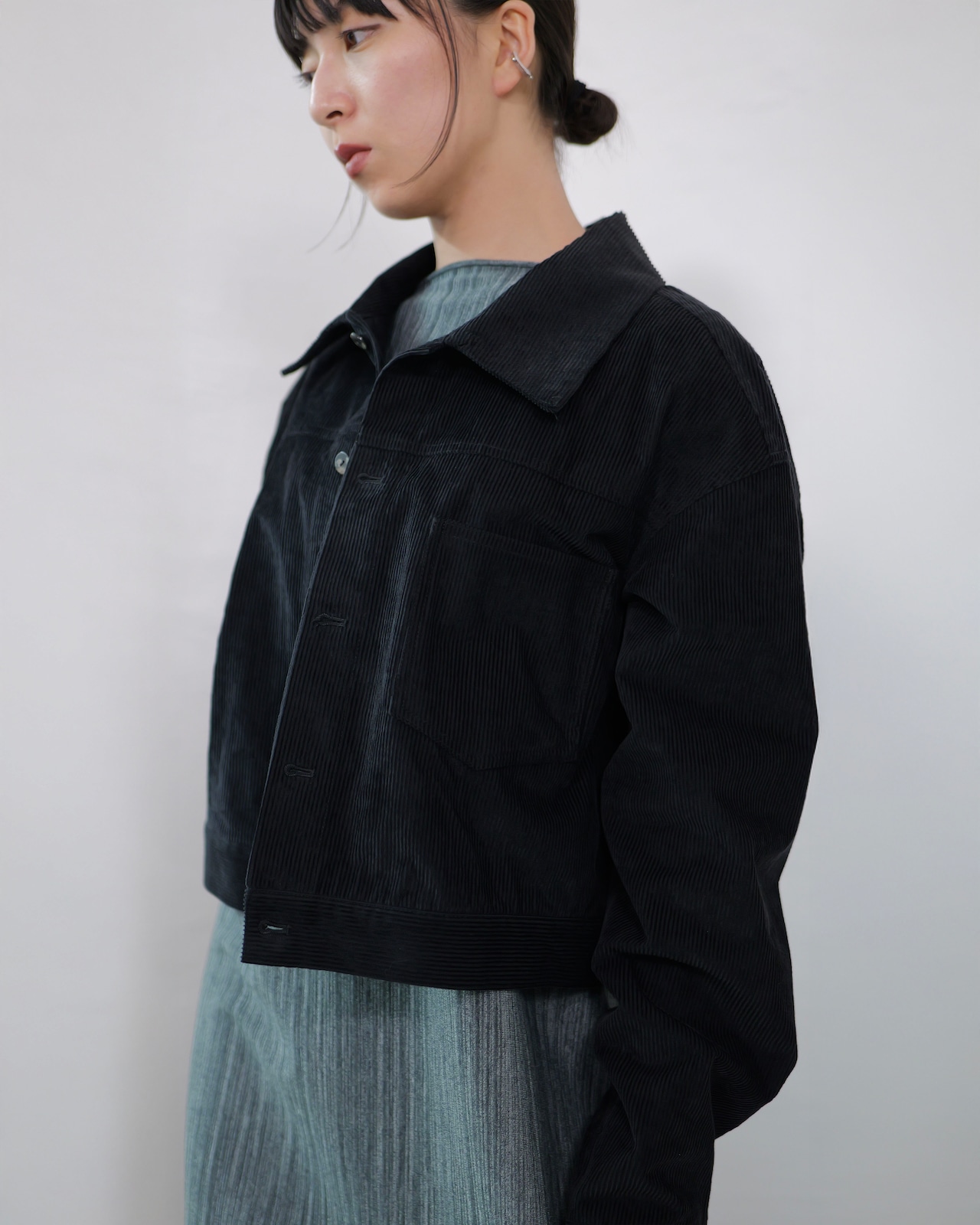 kujaku - J-106 Cropped Corduroy Jacket :Black|広畝コーデュロイ/コットンリネン/硫化染め/クロップド