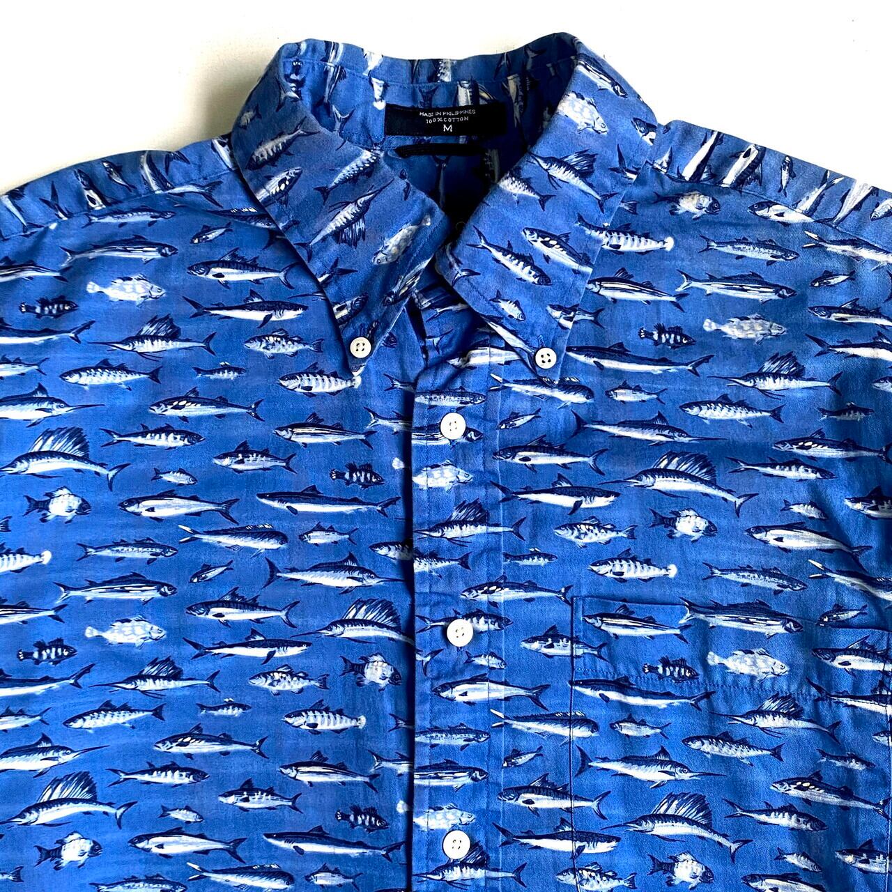NAUTICA ノーティカ 総柄 半袖ボタンダウンシャツ さかな 魚柄 メンズM 