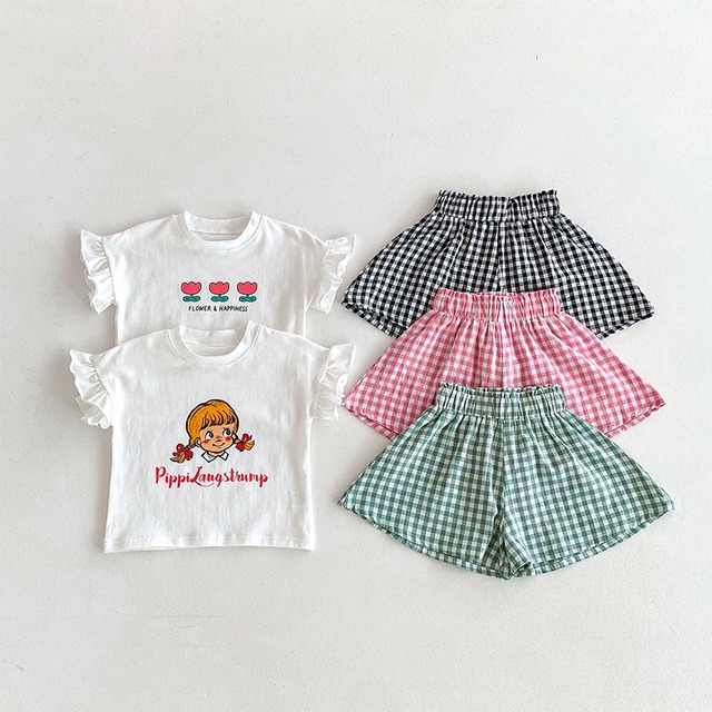 【BABY&KID】夏新作ミニマリズムチェック柄パンツORフリルTシャツ