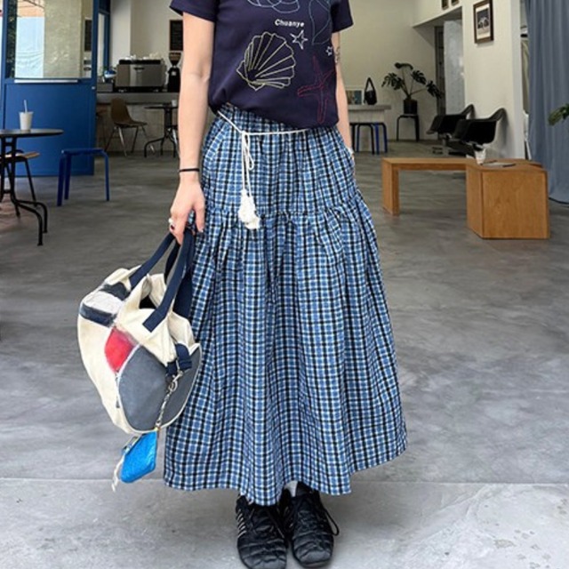 checkered pattern tiered long skirt　チェック柄ティアードロングスカート　J2072