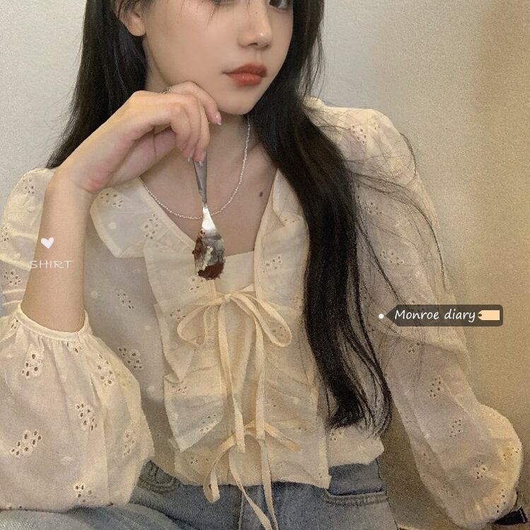 シャツ オータム薄手サマートップス ロング レース 大人ガーリー スウィート キュート カジュアル 夏物 秋物 レースアップ モンロー17107066227