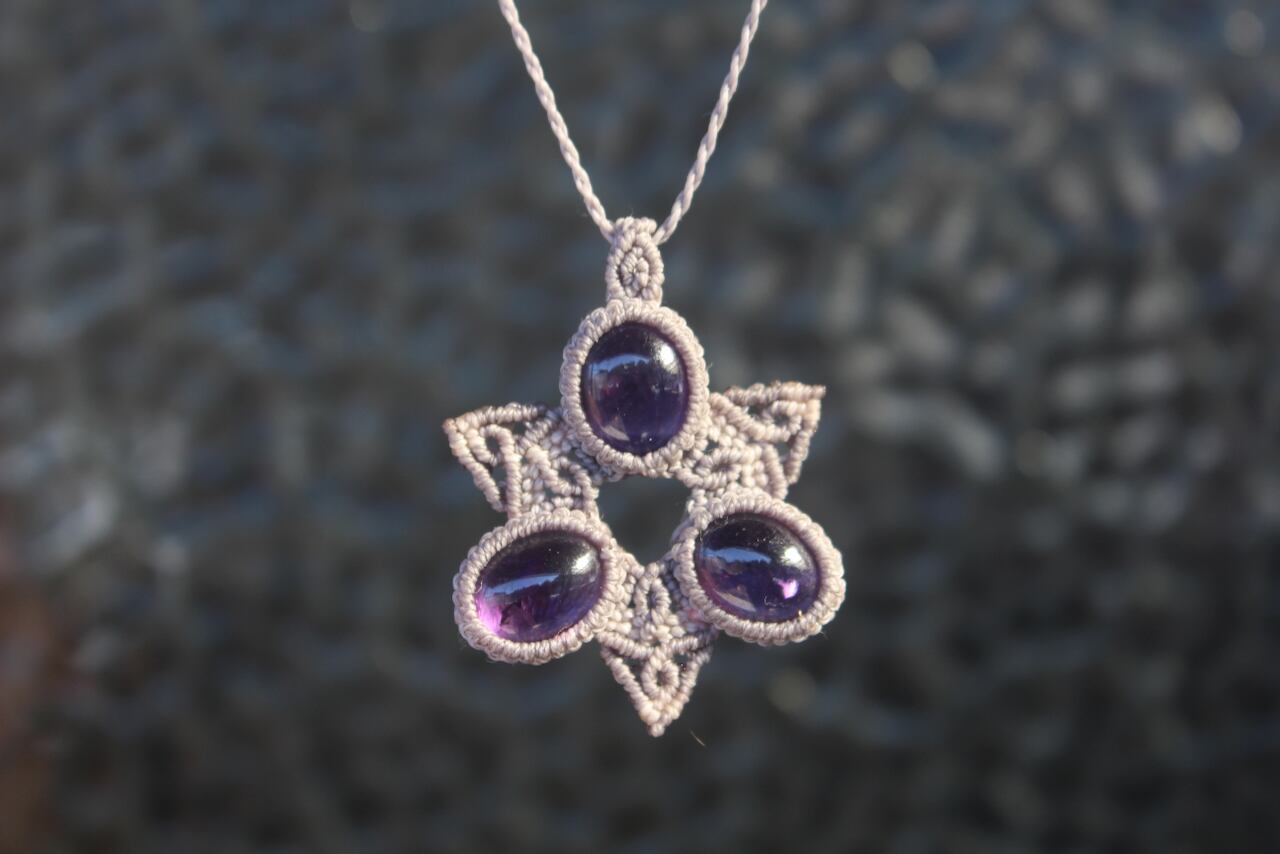 Amethyst micro macrame hexagram pendant