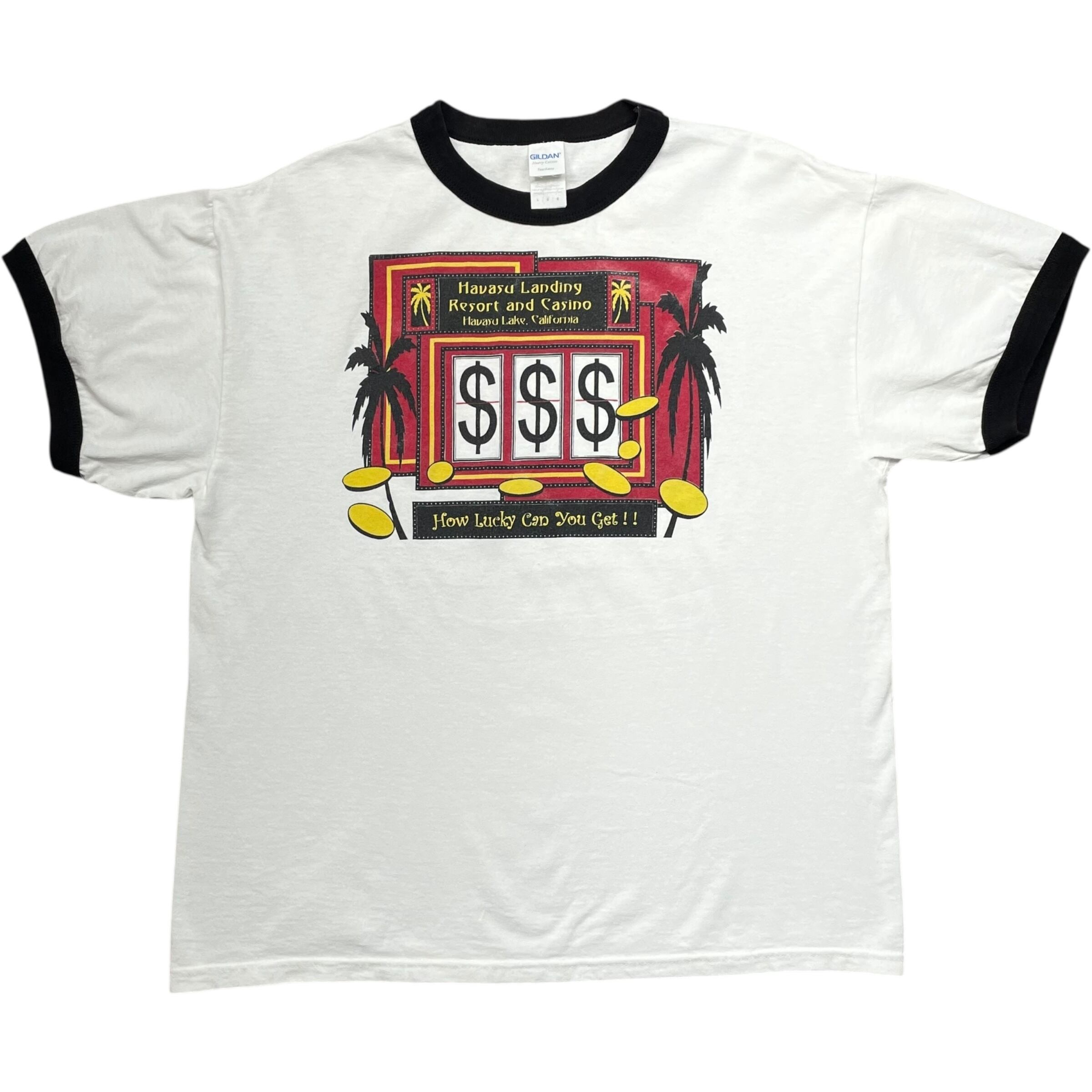 《L》GILDAN ギルダン リンガーTシャツ ハバス・ランディング・リゾート&カジノ スロットマシン フロントプリント ホワイト no.8412