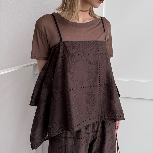 リーフ柄刺繍ランダムcamisole/ダークブラウン