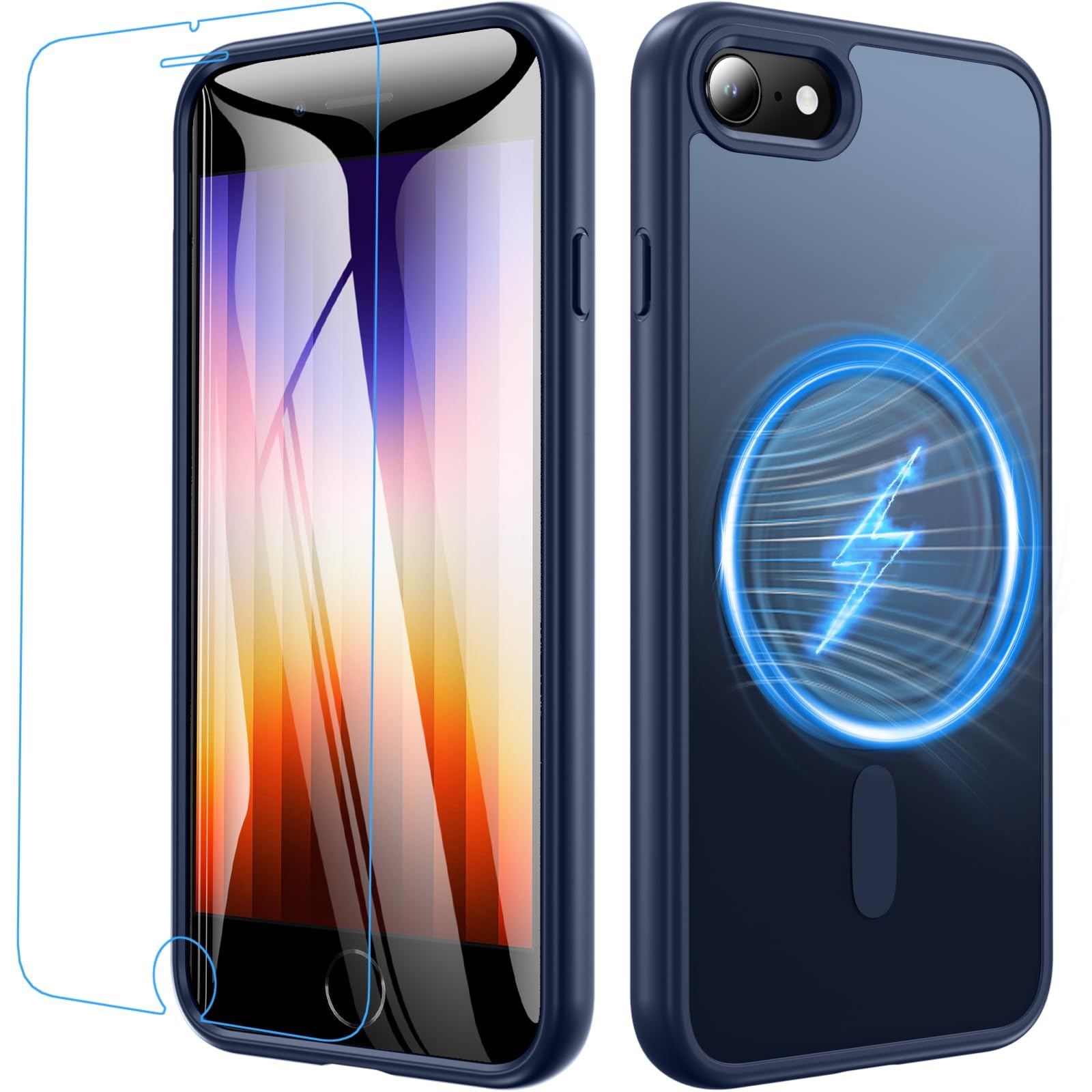 Fin2feel For iPhone SE3/SE2ケース【MagSafe高速充電対応】ガラスフィルム付き 米軍MIL規格 耐衝撃 黄ばみ防止 指紋防止 TPU + PC素材 iPhone 8/7 4.7インチ対応 (ブルー)