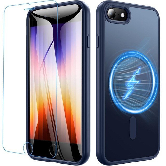 Fin2feel For iPhone SE3/SE2ケース【MagSafe高速充電対応】ガラスフィルム付き 米軍MIL規格 耐衝撃 黄ばみ防止 指紋防止 TPU + PC素材 iPhone 8/7 4.7インチ対応 (ブルー)