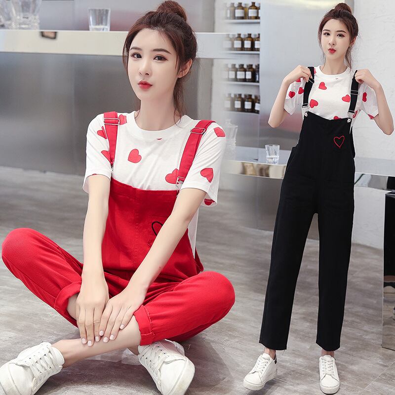 【新作】【送料無料】 マタニティウェア2020夏ニューラブ半袖Tシャツ+デニム刺繍オーバーオールタイドマタニティスーツ-アリババ レッド サマー 夏物 expec247071248898