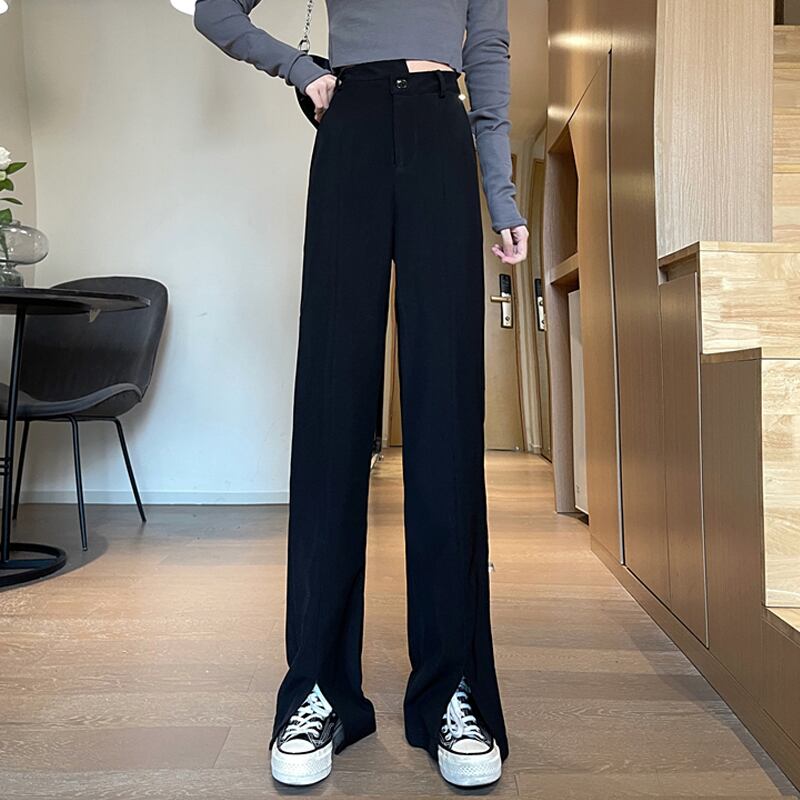 ブラックパンツ スプリングオータムルーズハイウェストウェストワイドレッグカジュアル 春物 秋物 ワイドパンツ 試着室14602744531