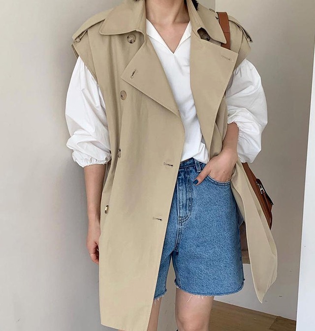 【送料無料】ジレ コート ロングジレ ロングベスト レディース トレンチベスト ロングノーカラー アウター 大きいサイズ ロング丈 秋冬 カジュアル エレガント シンプル 通勤 30代 40代 ベージュ OU-042R