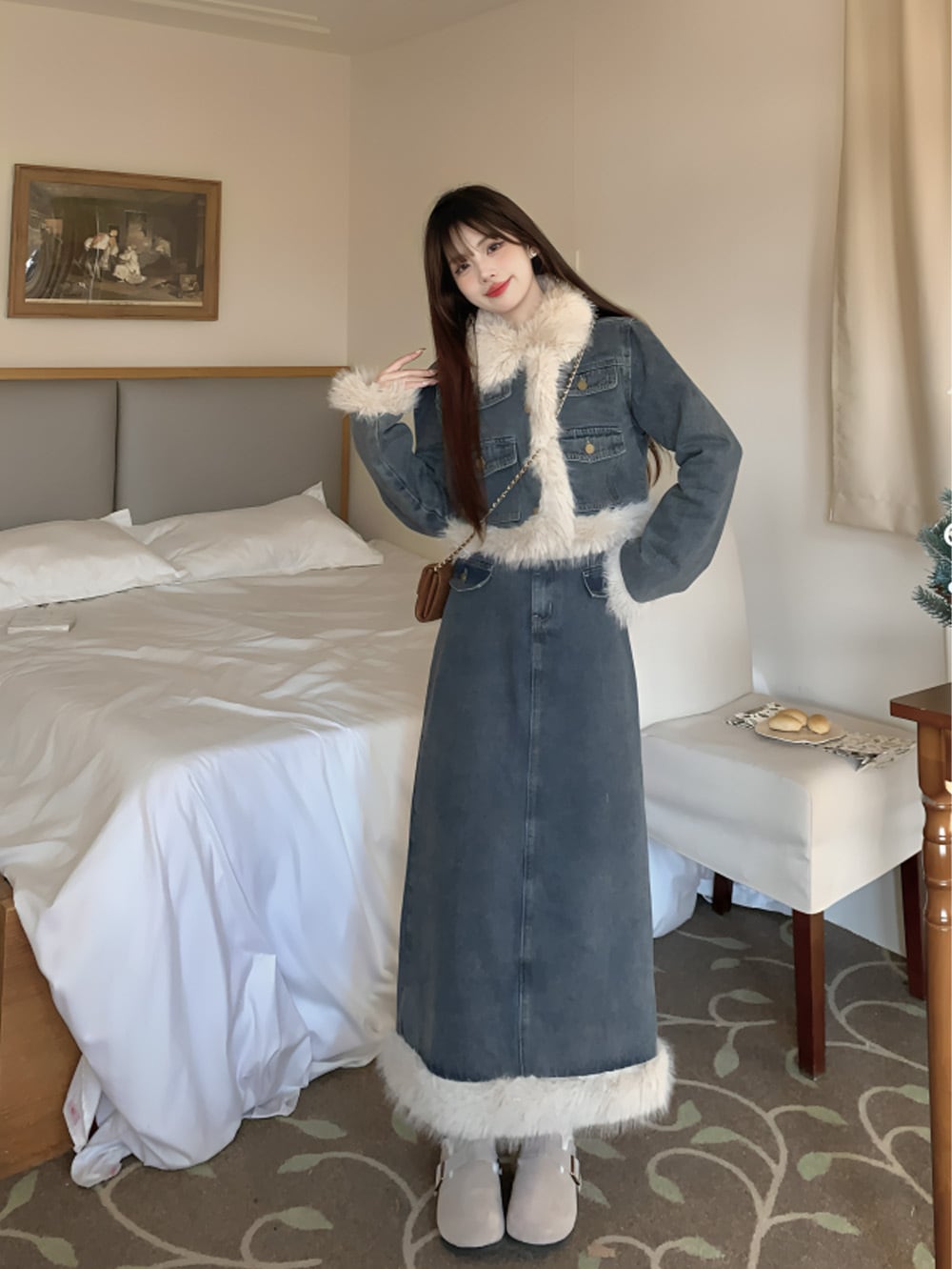 【新品・袋未開封】ファーデニムセットアップ ポイントファーデザインロング＆ショートデニムセットアップ