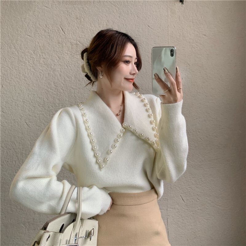 ニットセーター レディースVネックホワイトトップス スプリングシャツ 春物 ブラックストロベリース9807557580