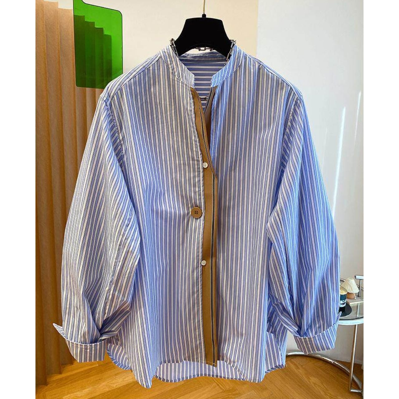 やわらか配色 ストライプ立ち襟シャツ Ln00464