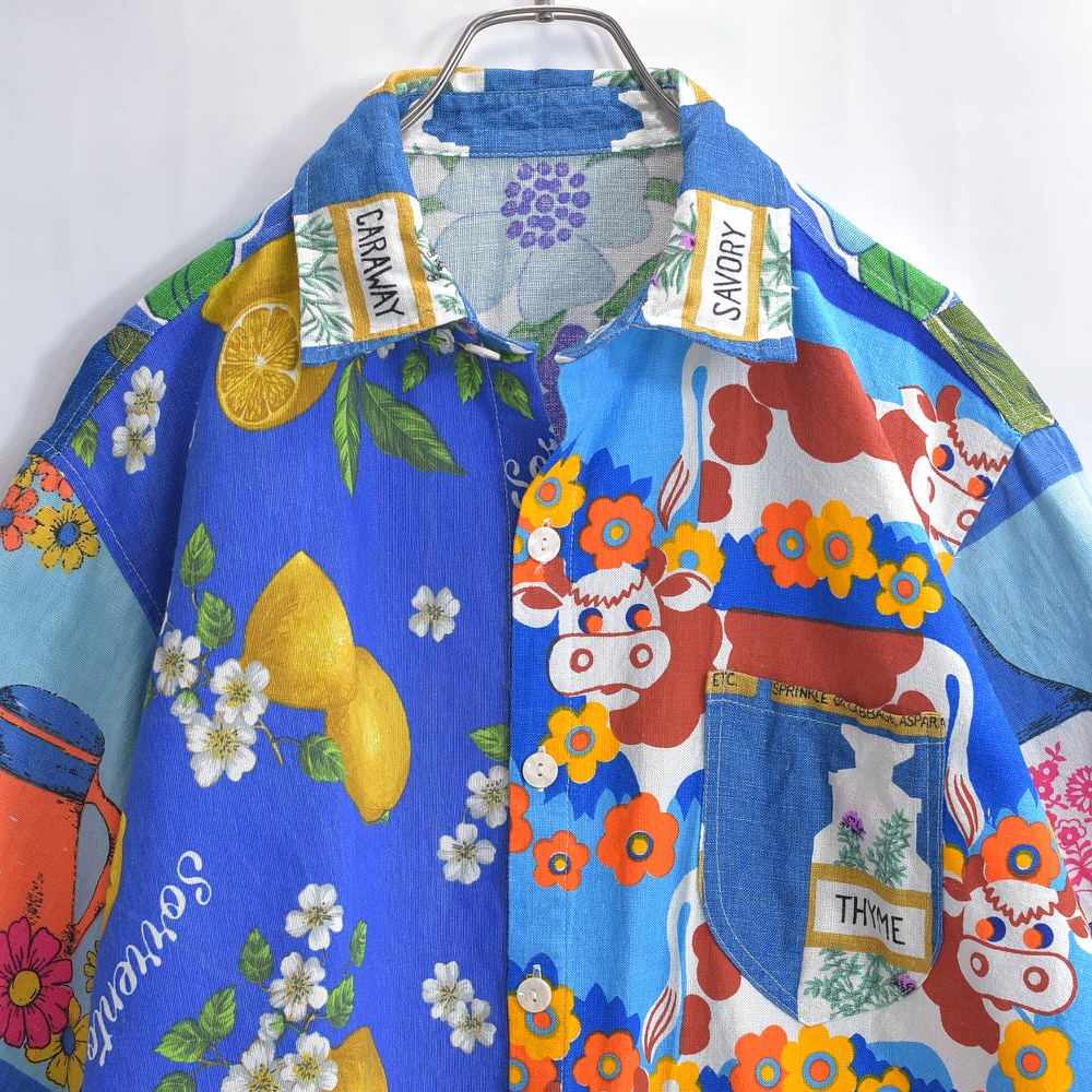 Remakeリメイク ヴィンテージ テキスタイル パッチワーク デザイン 再構築 半袖シャツ コットン リネン ツギハギ 古着 アップサイクル メンズL相当