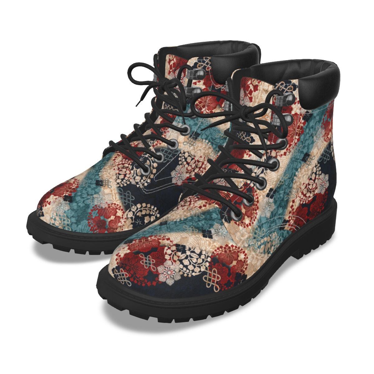 和紋様装飾　藍　和柄ユニセックスヴィーガンレザーブーツ