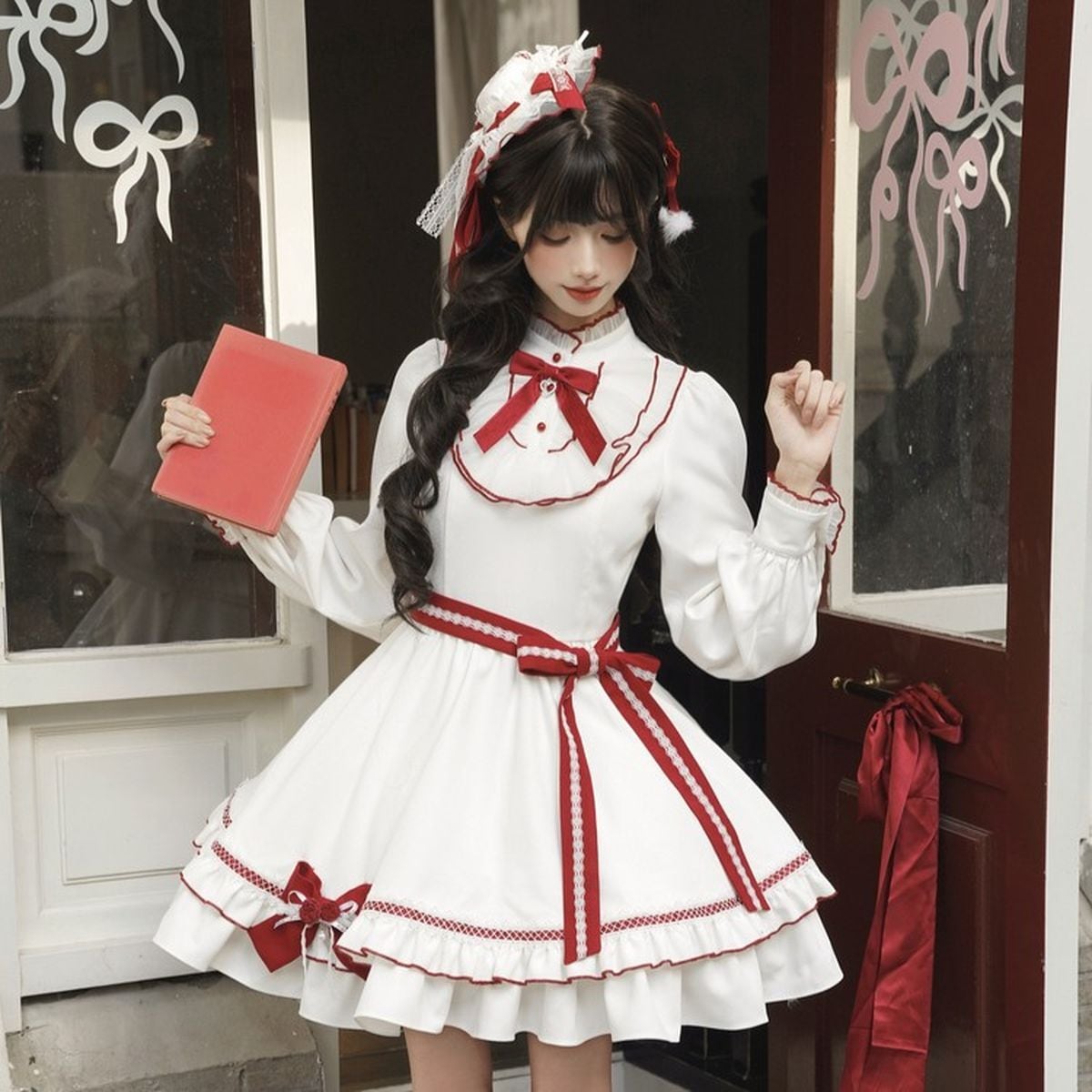 ガーリーケープレッドバイカラーワンピース：ワンピース | Maiden's Rêve