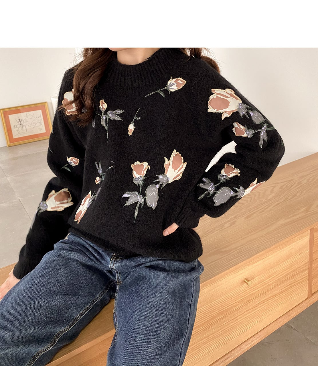 tops】絶対欲しい！ローズレトロ刺繍花柄ニットセーター韓国系3色