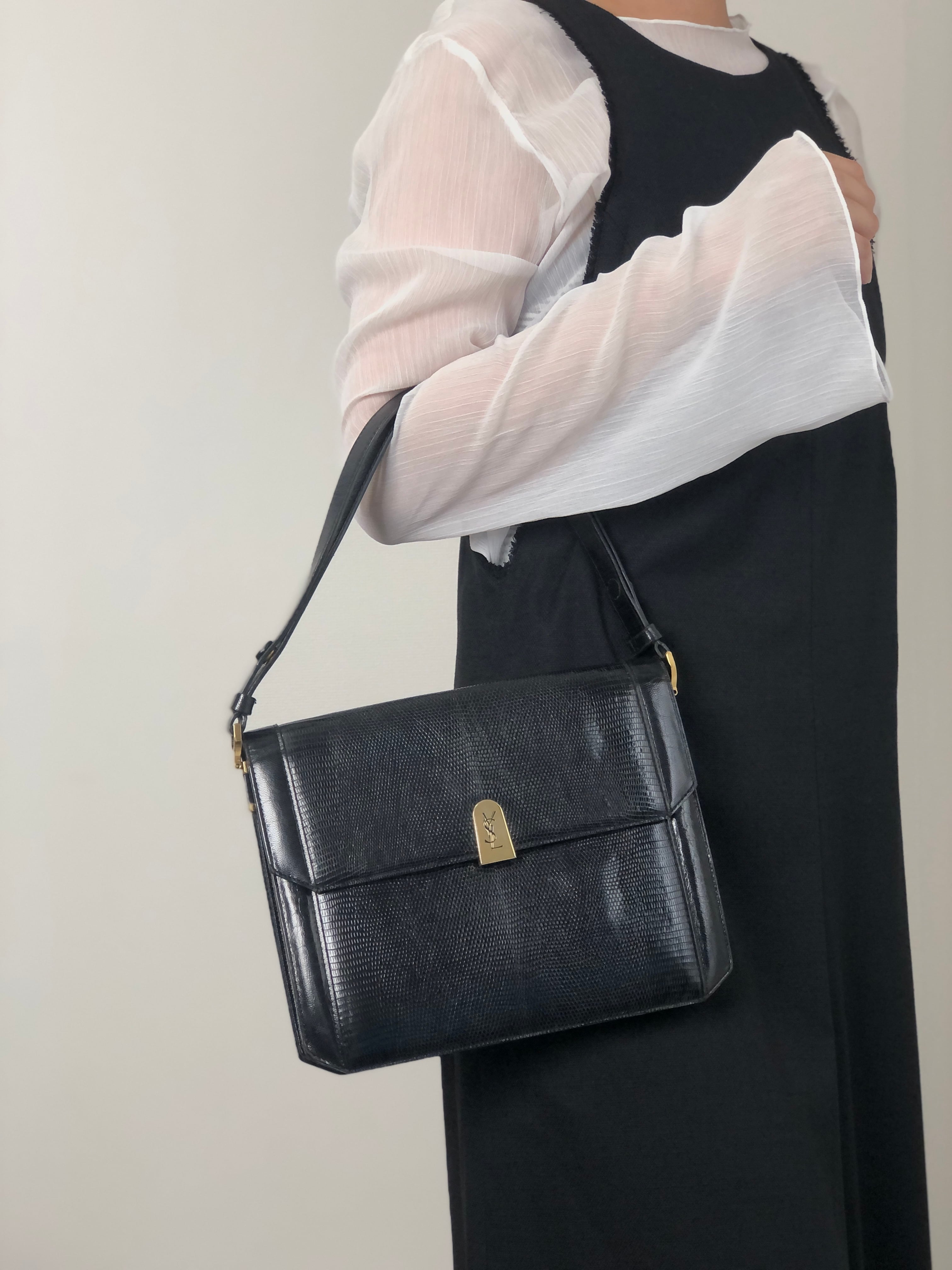 Yves Saint Laurent イヴ・サンローラン ショルダーバッグ ブラック YSL リザード型押し ワンショルダー vintage ヴィンテージ オールド 67eb7u