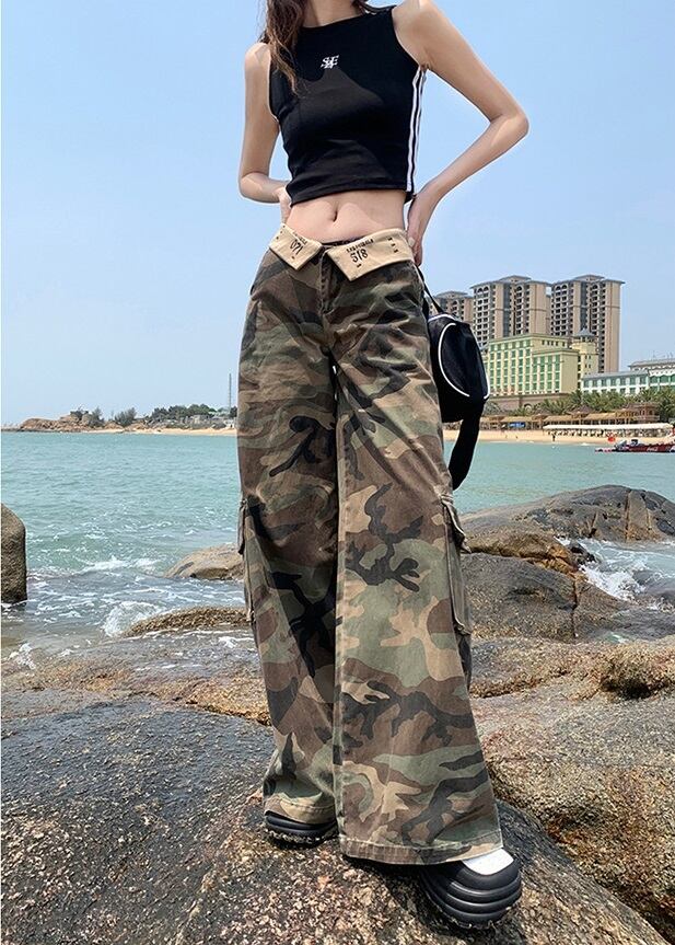 ウエスト折り 迷彩柄 カーゴパンツ レディース パンツ ボトムス ロング