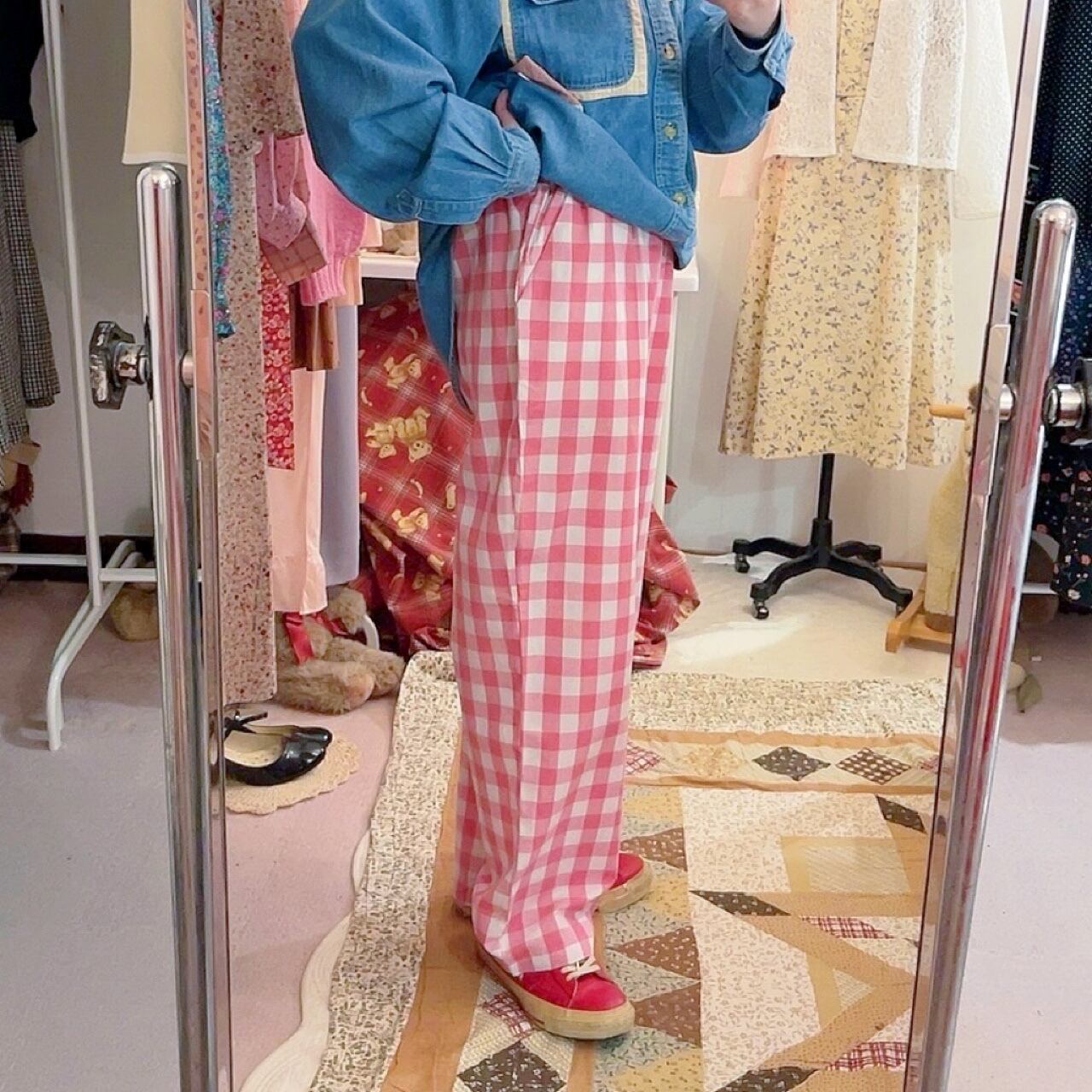 pink block check pants